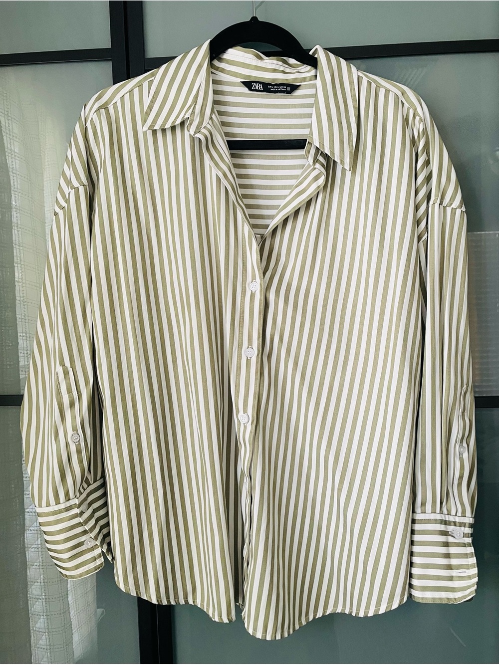 Zara Olive and White Vertical Stripe Button-Down Shirt